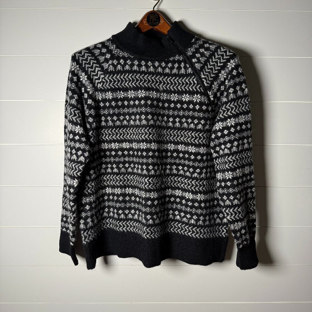 Lou & Grey Size L Fair Isle Long-Sleeved Mock Turtleneck Pullover Black & White